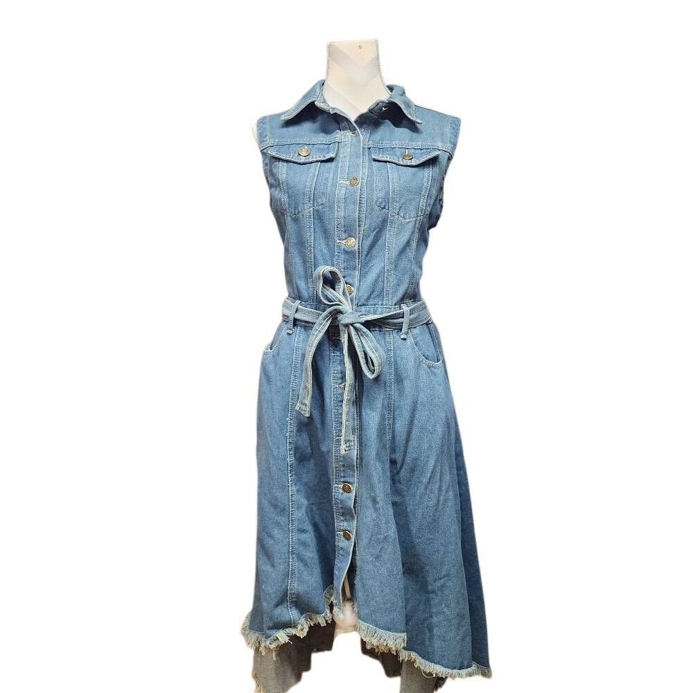 Women's Denim Shirt Dress Sleeveless Belted Frayed Hem Button Front Size L NWOT - Picture 2 of 7